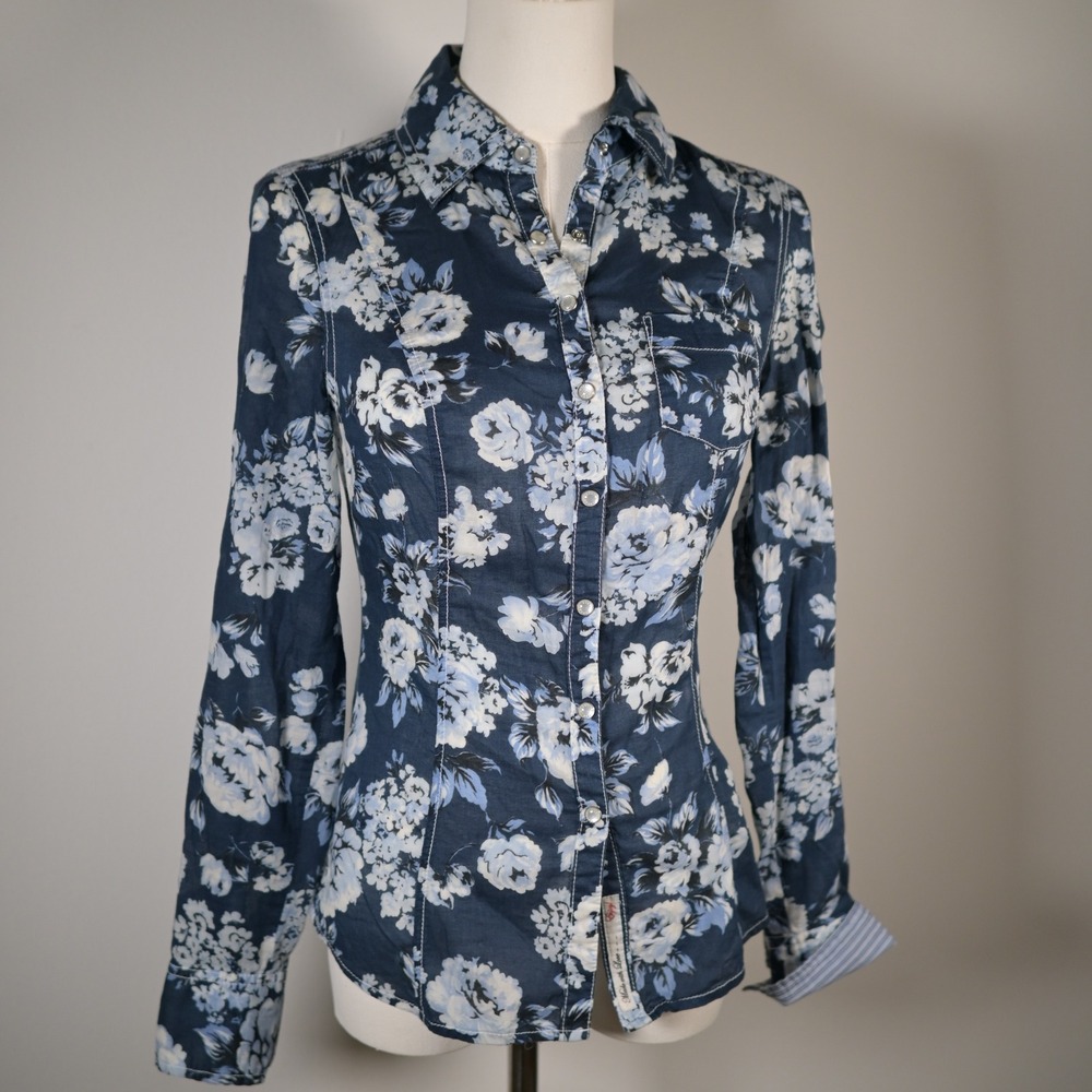 GUESS Womens Floral Snap Front Western Shirt Navy Blue White XS